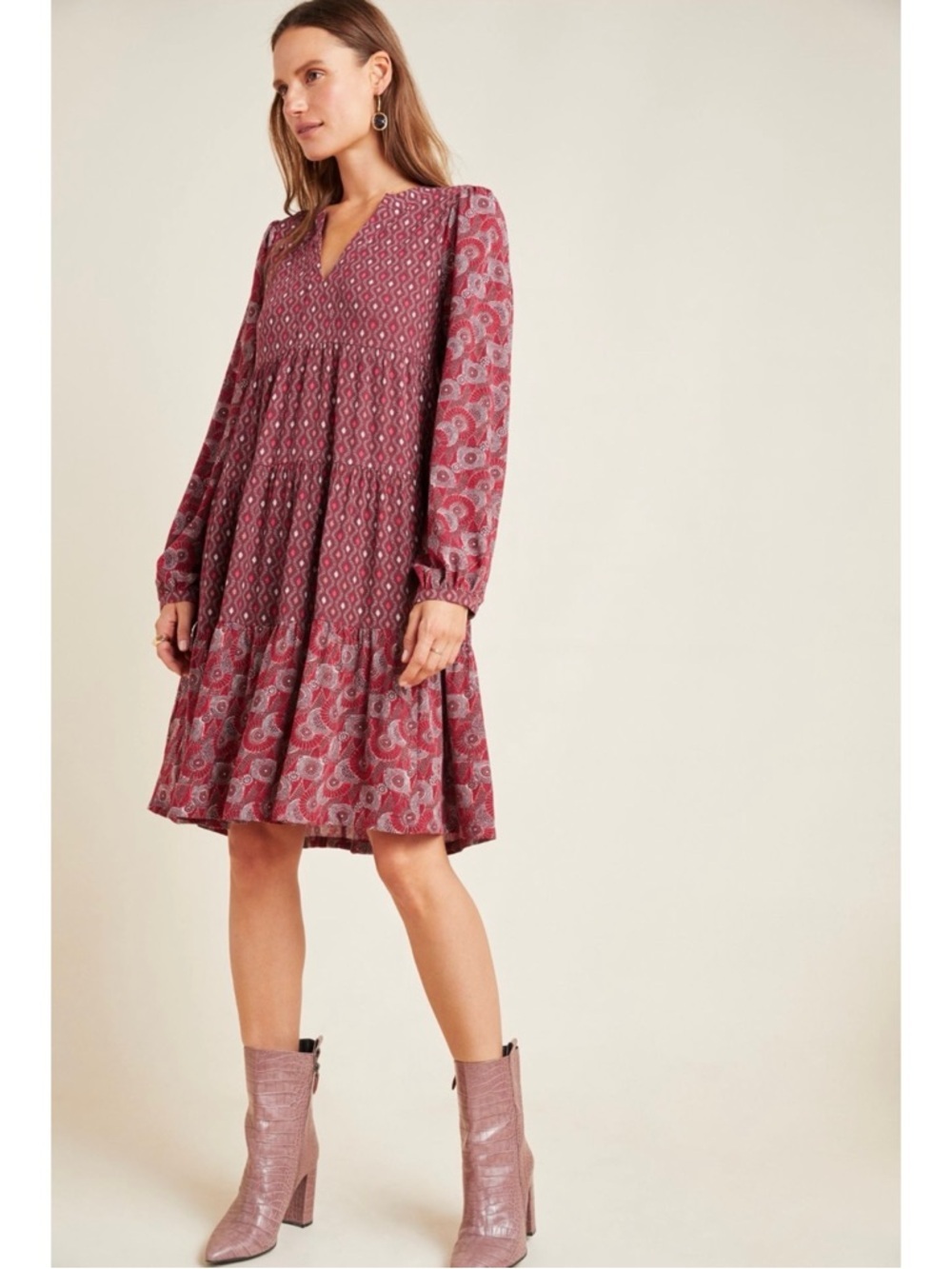 Anthropologie Mauve Paisley Tiered Long-Sleeve Midi Dress